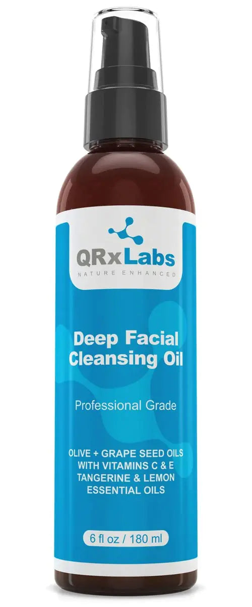 QRxLabs Deep Facial Cleansing Oil with Olive and Grape Seed Oils Tangerine & Lemon Essential Oils Boosted with Vitamins C & E - BEST Cleanser for Dry Skin - Makeup Remover & Face Wash - 6 fl oz