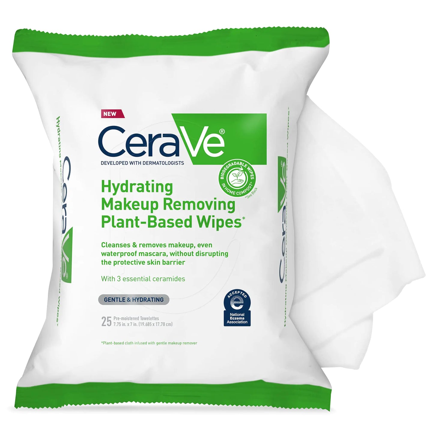CeraVe Hydrating Facial Cleansing Makeup Remover Wipes Plant Based Face Wipes Biodegradable in Home Compost Face Wash Cloth Suitable for Sensitive Skin Fragrance-free Non-comedogenic 25 Count