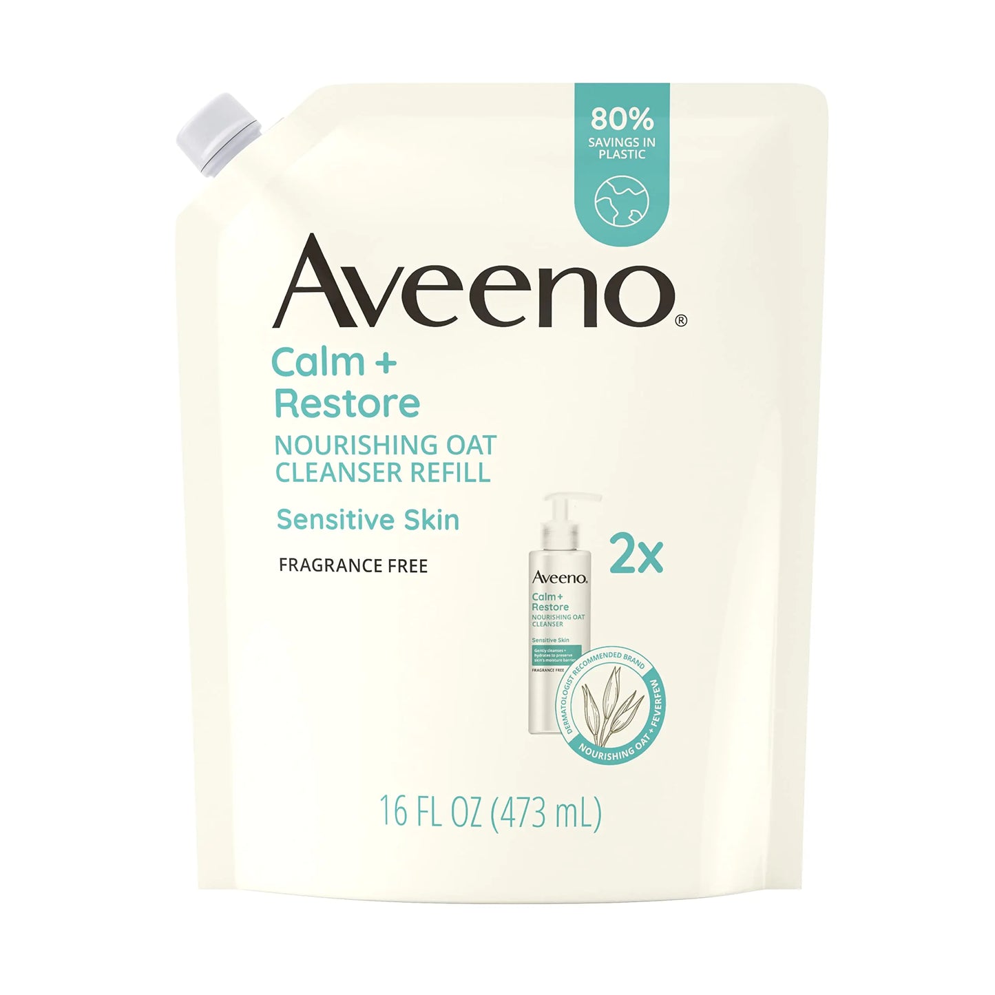 Aveeno Calm + Restore Nourishing Oat Facial Cleanser for Sensitive Skin Gentle Face Wash with Nourishing Oat & Calming Feverfew Hypoallergenic Fragrance-Free Refill Pouch 16 fl. oz