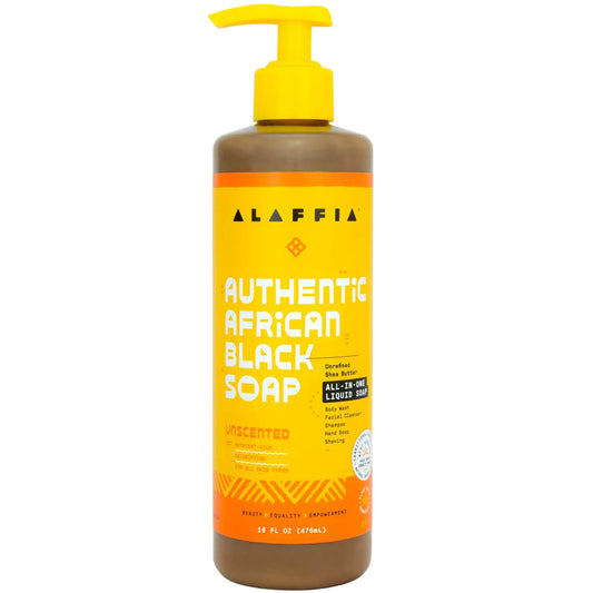 Alaffia Skin Care Authentic African Black Soap All in One Liquid Soap Moisturizing Face Wash Sensitive Skin Body Wash Shampoo Shaving Soap Shea Butter Unscented 16 Fl Oz
