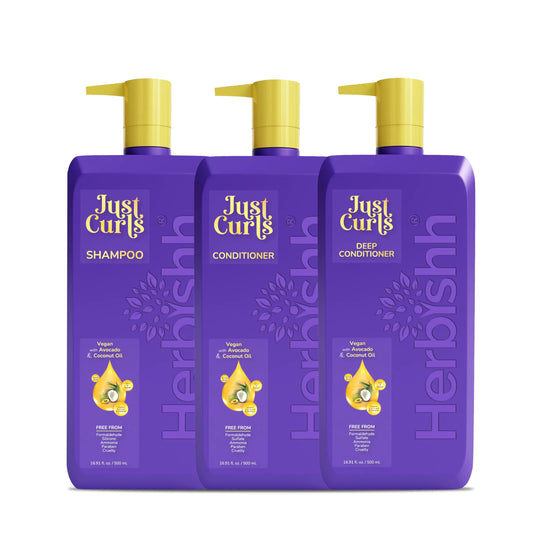 Herbishh Just Curls Vegan Shampoo and Conditioner + Deep Conditioner for Curly Hair Products Kit Enriched with Avocado & Coconut Oil for Dry Damaged Wavy Curly Hair Gift set for Women & Men