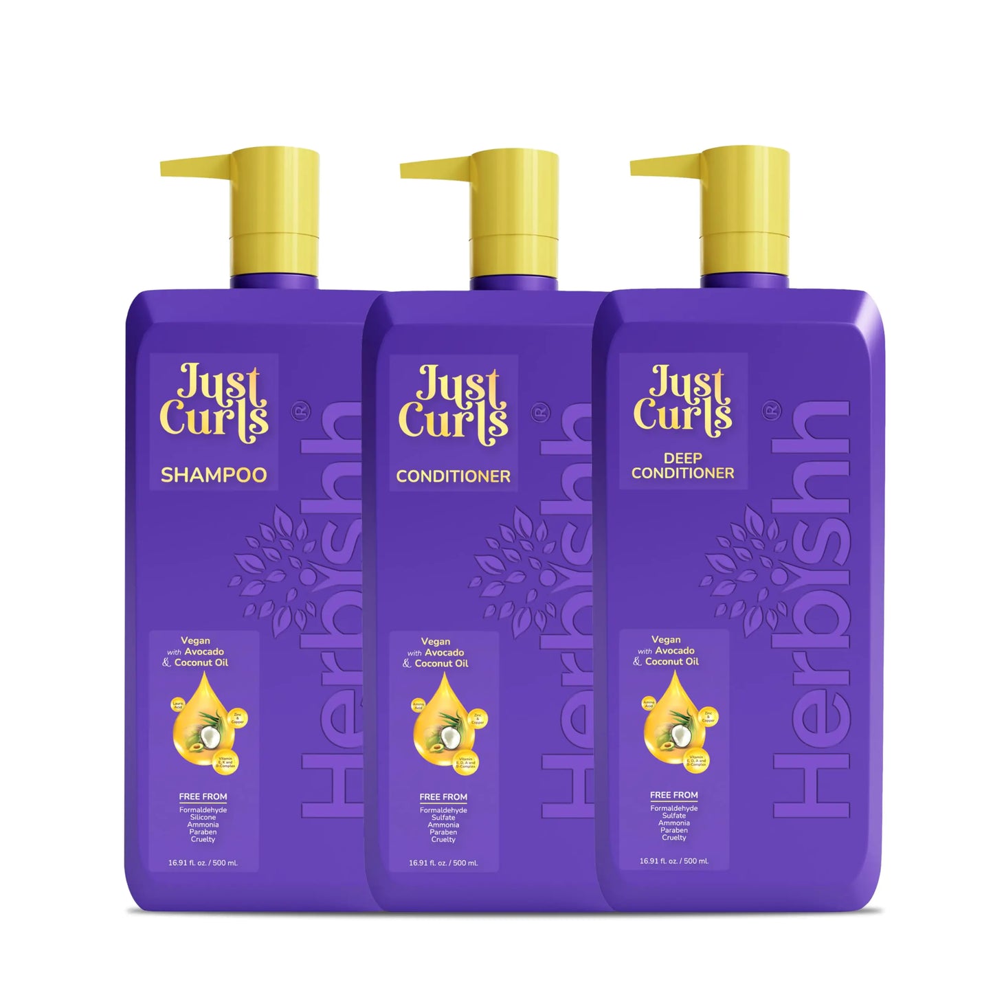 Herbishh Just Curls Vegan Shampoo and Conditioner + Deep Conditioner for Curly Hair Products Kit Enriched with Avocado & Coconut Oil for Dry Damaged Wavy Curly Hair Gift set for Women & Men