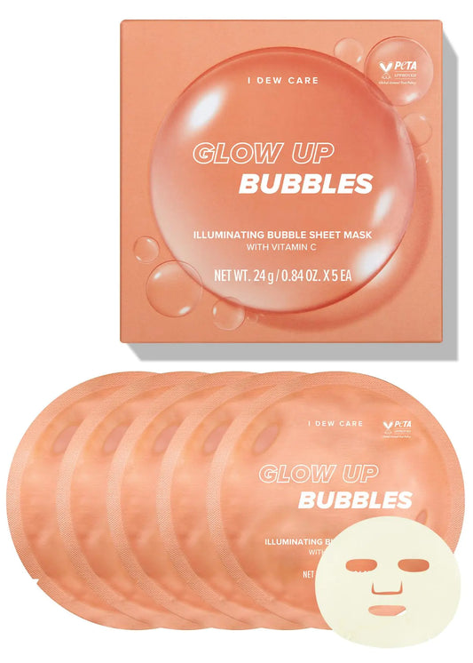 I DEW CARE Sheet Mask Pack - Glow Up Bubbles | Bubble Facial Mask with Vitamin and Niacinamide Daily Skin Care Brightening Illuminating Detox Moisturizing Hydrating Face Mask (5 EA)