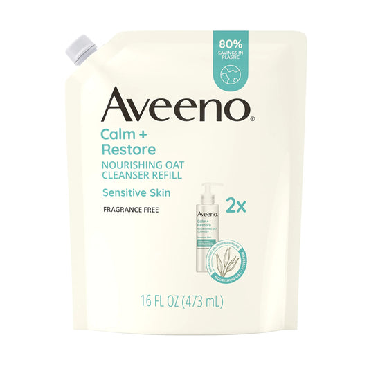 Aveeno Calm + Restore Nourishing Oat Facial Cleanser for Sensitive Skin Gentle Face Wash with Nourishing Oat & Calming Feverfew Hypoallergenic Fragrance-Free Refill Pouch 16 fl. oz